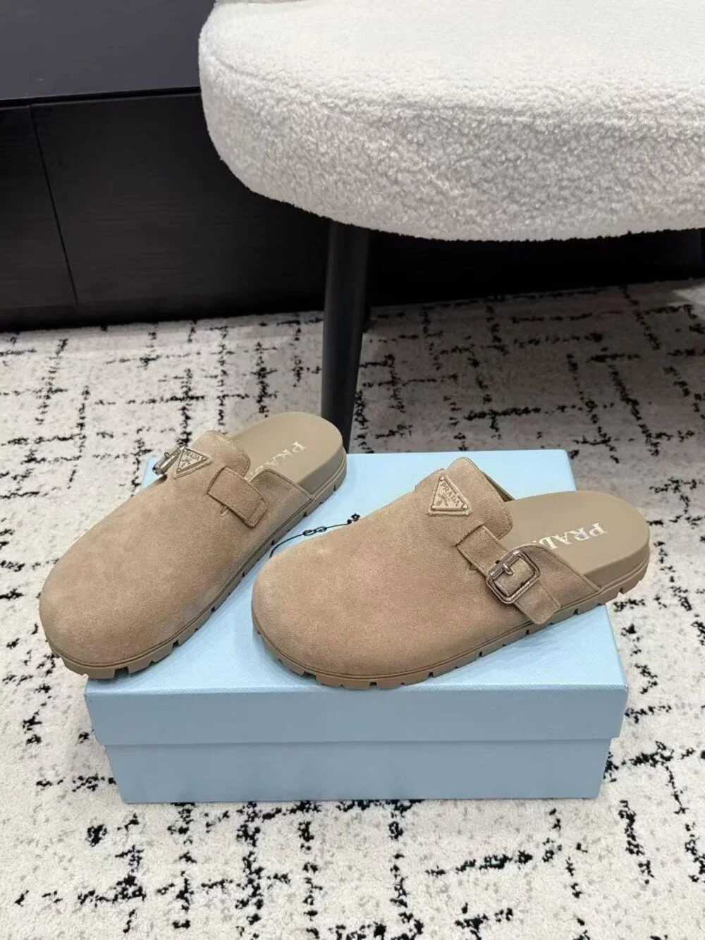 Prada Beige Suede Triangle Logo Buckle Slip-On Mule Clogs